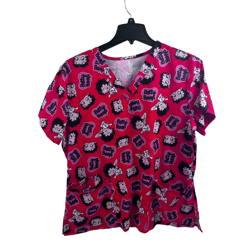 Fleischer Studios Betty Boop Scrub Top XL Red V-Neck Character Print Womens